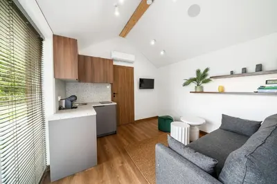 a living room with a couch and a kitchen at Nemunas Glamping in Kriemala