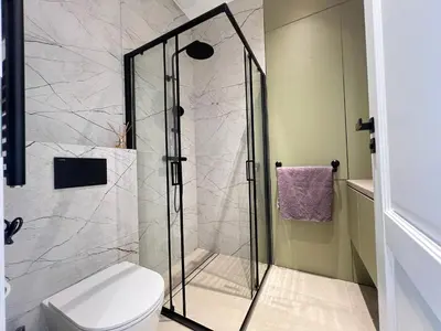 a shower stall in a bathroom with a toilet at City central apartment in Vilnius