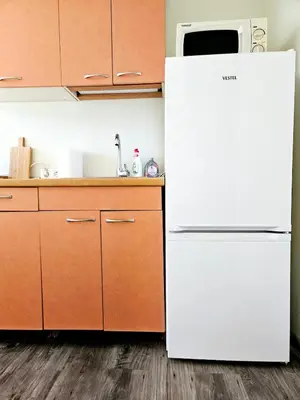 a white refrigerator in a kitchen with wooden cabinets at Cozy Corner in Šiauliai