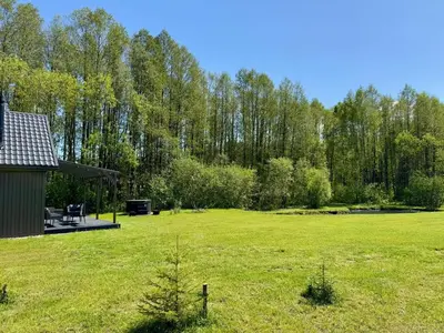 a large green field with a house and trees at MOSS lodge in Naujasėdžiai