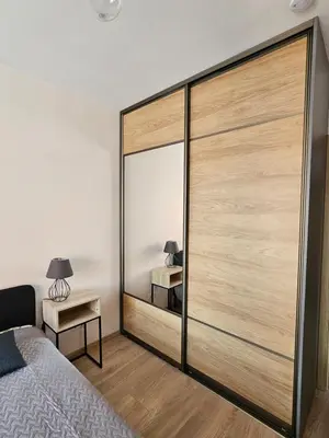 a bedroom with a large sliding closet door at Vilniaus apartamentai in Vilnius
