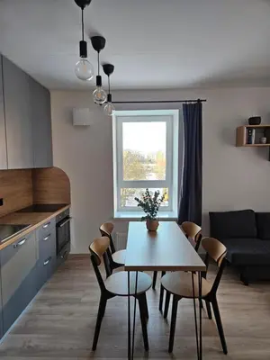 a living room with a table and chairs and a couch at Vilniaus apartamentai in Vilnius