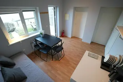 a living room with a black table and chairs at 6 vietų namelis ant ežero kranto in Sudervė