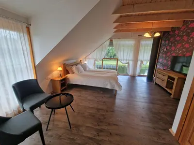 a bedroom with a bed and a chair and a television at Roksala in Taručiai