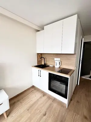 a small kitchen with white cabinets and a stove at Brand new studio in the center in Vilnius