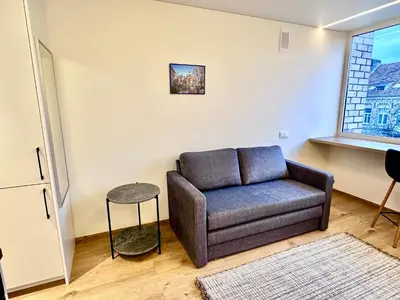 a living room with a couch and a window at Brand new studio in the center in Vilnius