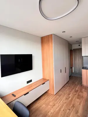 a living room with a flat screen tv on a wall at Žvėryno studija in Vilnius