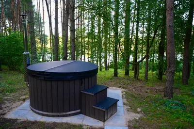 a trash can with stairs in a park with trees at Bijūnų Šilas in Žaugėdai