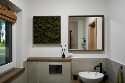 a bathroom with a sink and a mirror at Bijūnų Šilas in Žaugėdai