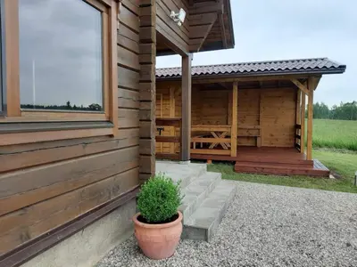 a wooden cabin with a porch and a potted plant at Sodyba prie Vidinksto ežero in Pakalniai