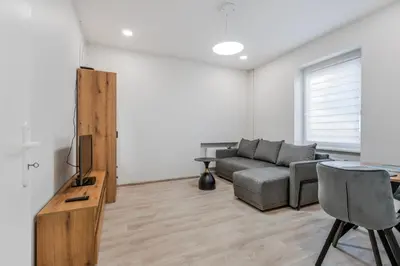 a living room with a couch and a table at Centrinis butas šalia senvagės in Panevėžys