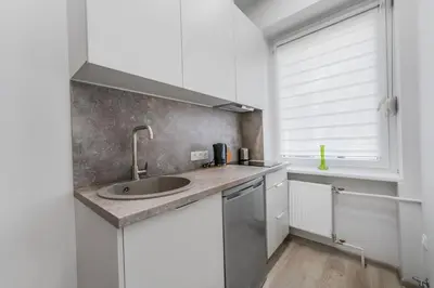 a kitchen with a sink and a window at Centrinis butas šalia senvagės in Panevėžys