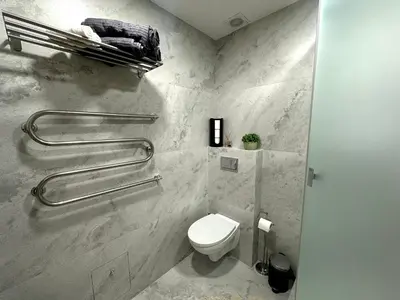 a bathroom with a white toilet in a room at Feel Comfy Apartment in Druskininkai