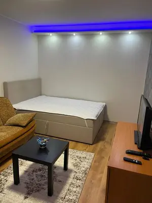 a living room with a bed and a table at KRL&Lu Rentals in Panevėžys