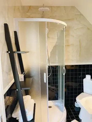 a glass shower in a bathroom with a toilet at Private, Cozy Home in Kaunas