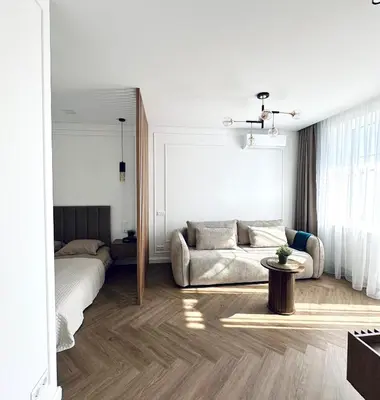 a living room with a couch and a bed at Šviesus ir šiltas butas Šiaulių miesto centre in Šiauliai