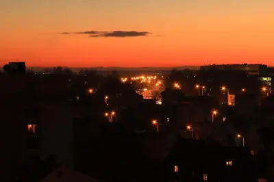 a city lit up at night with street lights at Giedres Kalnieciu apartments 1 in Kaunas