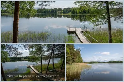 a collage of three pictures of a lake at Villa Emerald in Luokesos Sen