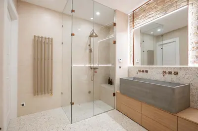 a bathroom with a glass shower and a sink at 2 Bedroom I 85 m2 I w-Balcony I Malunu st Apt I cohost in Vilnius