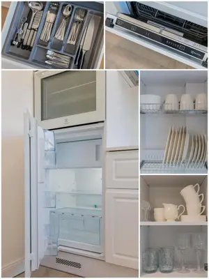 a collage of four pictures of an open refrigerator at Frida Luxury Apartments in Šiauliai