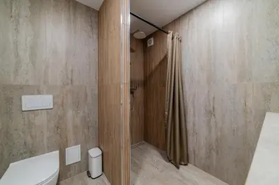 a bathroom with a shower and a toilet at Frida Luxury Apartments in Šiauliai