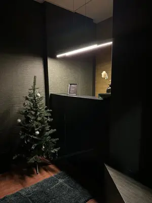 a christmas tree in a dark room with a light at The Kliefs Vilnius - Virtual Check-In in Vilnius