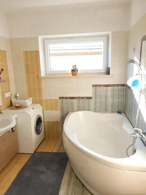 a bathroom with a tub and a washing machine at Vaido apartamentai in Marijampolė