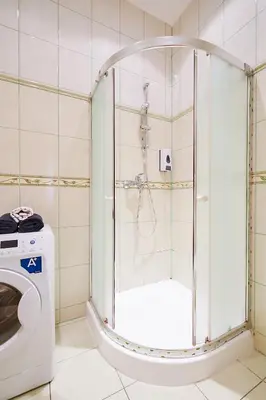 a shower in a bathroom with a washing machine at Jablonskis Apartment in Vilnius