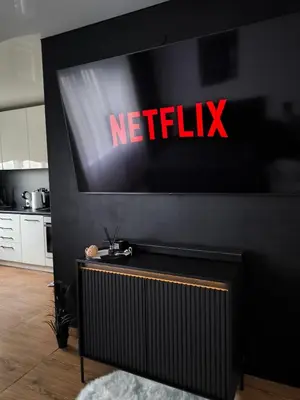 a television with a netflix sign on a wall at DOMINO apartamentai, SELF CHECK-IN in Panevėžys