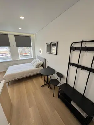 a bedroom with a bed and a table and two windows at New Airport Apartment in VNO