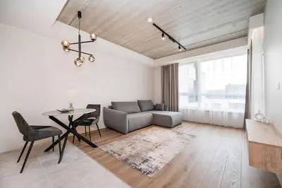 a living room with a couch and a table at Luxury apartment near downtown in Vilnius