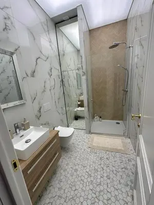 a bathroom with a shower and a sink and a toilet at Apartamentai Bazilijonai in Vilnius