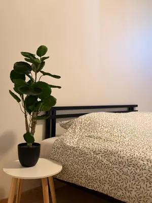 a potted plant sitting on a table next to a bed at Apartamentai Jonavoje #2 in Jonava