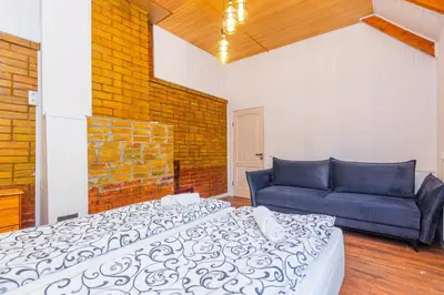 a living room with a bed and a couch at Namas su vaizdu į ežerą 
