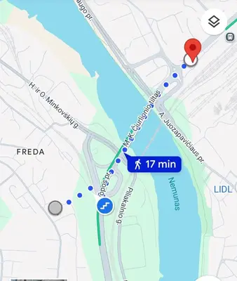 a map showing the approximate location of min at Loft in Freda in Kaunas