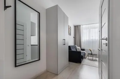 a hallway with a mirror and a living room at Fox Rock Studio - Self check in in Vilnius
