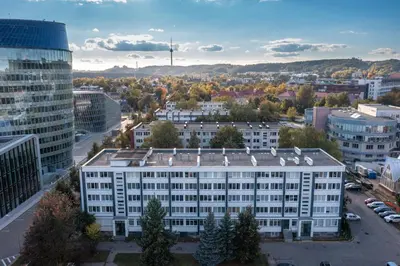 an aerial view of a building in a city at Fox Rock Studio - Self check in in Vilnius