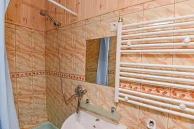 a bathroom with a toilet and a mirror at Nakvynė prie ežero Akmenėlis in Dyviliškiai