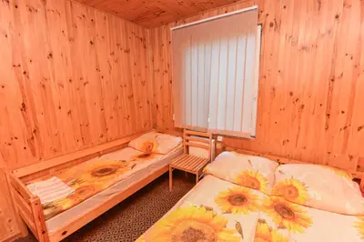 two beds in a wooden room with a window at Nakvynė prie ežero Akmenėlis in Dyviliškiai