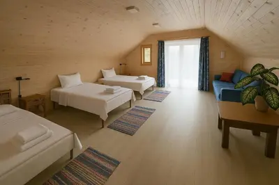 a living room with two beds and a couch at Apartamentai in Veisiejai