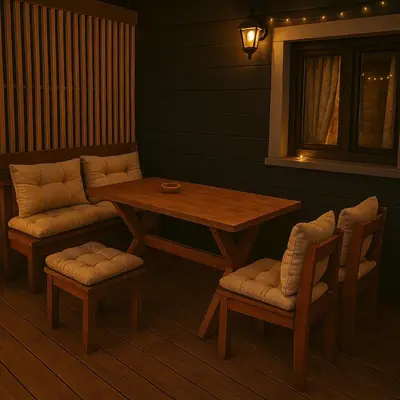 a living room with a wooden table and chairs at Apartamentai in Veisiejai