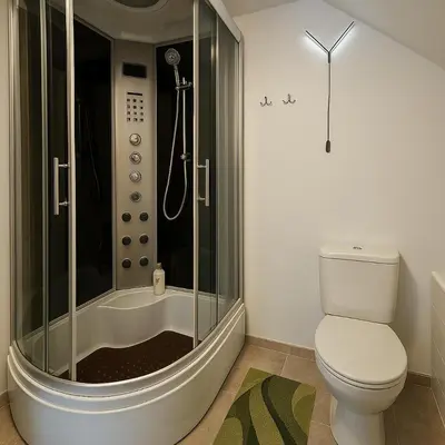 a bathroom with a shower and a toilet at Apartamentai in Veisiejai