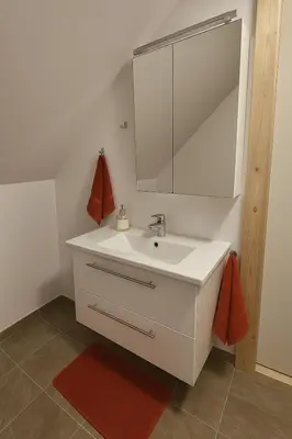 a bathroom with a white sink and a mirror at Apartamentai in Veisiejai