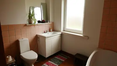a bathroom with a toilet and a sink and a window at Namelis 1954 in Švenčionėliai