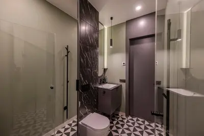 a bathroom with a toilet and a sink and a shower at Kaunas Old Town Art Deco Apartments II in Kaunas