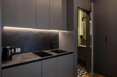 a kitchen with a counter top and a sink at Kaunas Old Town Art Deco Apartments II in Kaunas