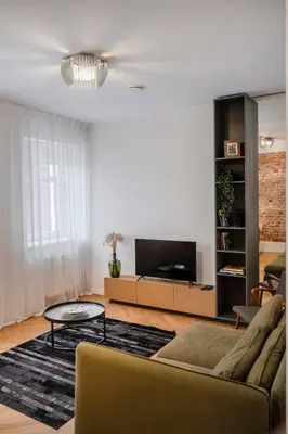 a living room with a couch and a tv at Kaunas Old Town Art Deco Apartments II in Kaunas