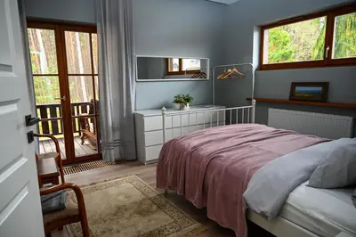 a bedroom with a bed and a mirror and a window at Domus Revado in Birštonas