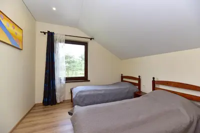 a bedroom with two beds and a window at Holiday House Strawberry in Druskininkai