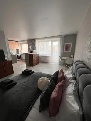 a living room with a couch with pillows on it at Letastay in Trakai